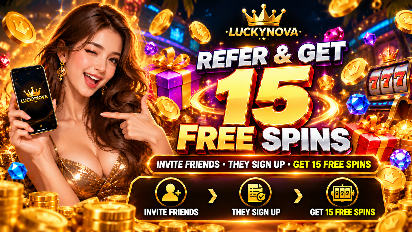 LuckyNova Refer and Get 15 Free Spins